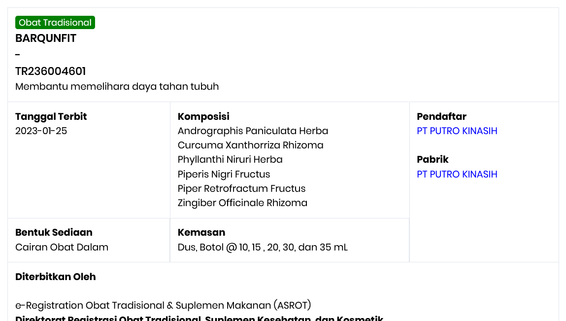 Detail Registrasi BPOM BARQUNFIT